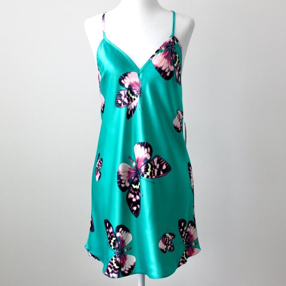 NWT Jezebel by Felina Teal Satin Crossback Chemise Slip Purple Butterflies Small - Picture 1 of 7